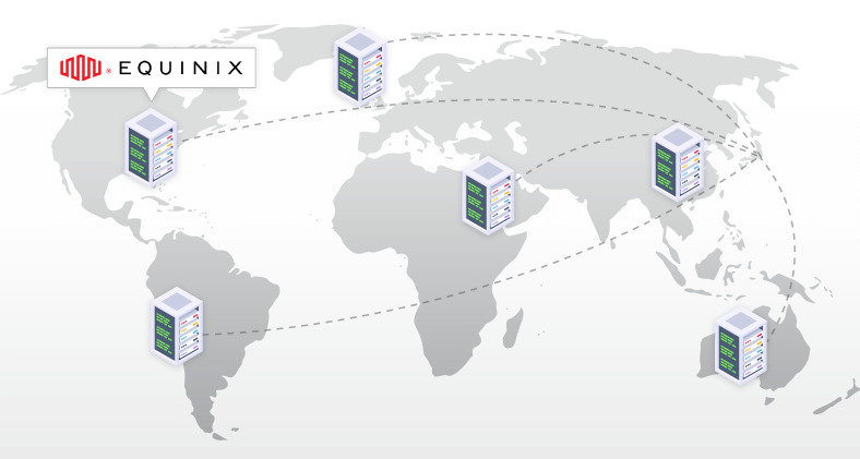 NYのEquinix社を含む複数の取引サーバーを世界各所に設置していることを表したイラスト