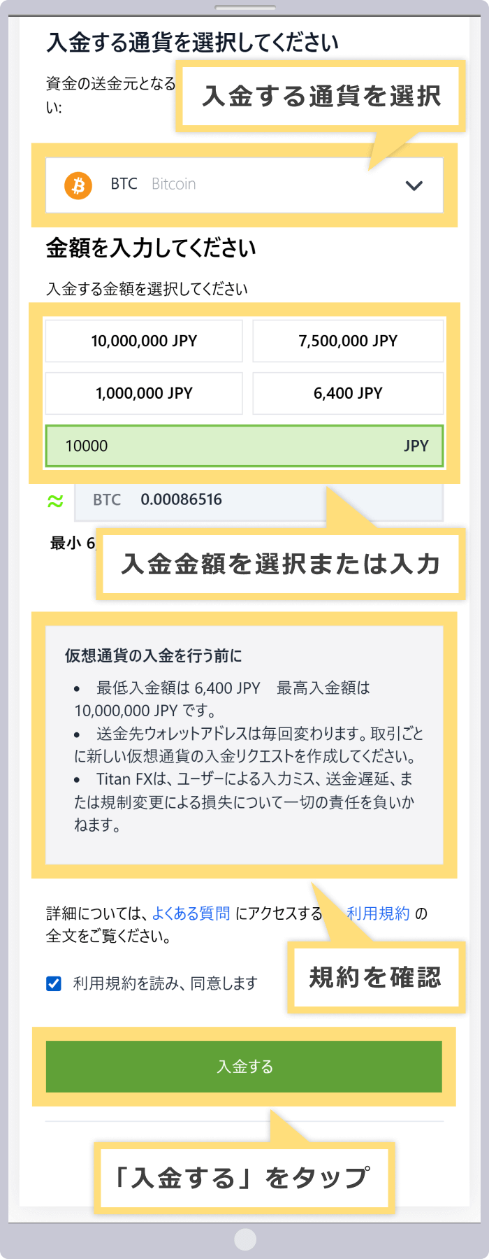 入金通貨、金額、規約の確認と入金リクエストの送信