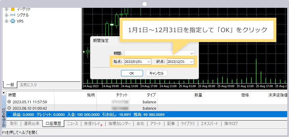 口座履歴の期間指定