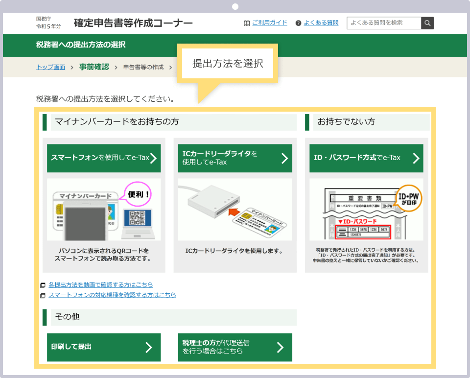 税務署への確定申告書提出方法の選択